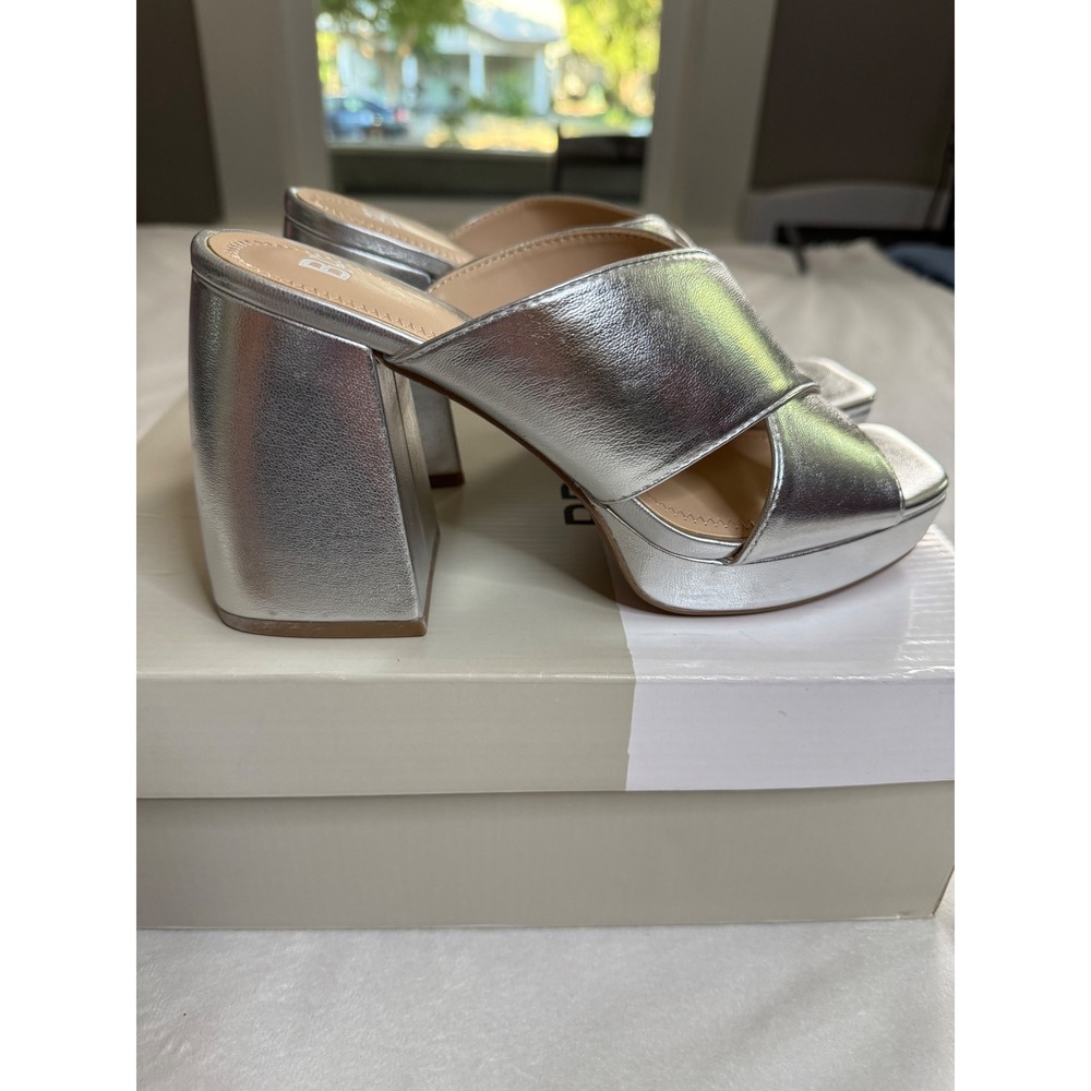 BP Dalton-PU Metallic Silver Platform Block Heel Sandals Square Toe Mules 6.5M